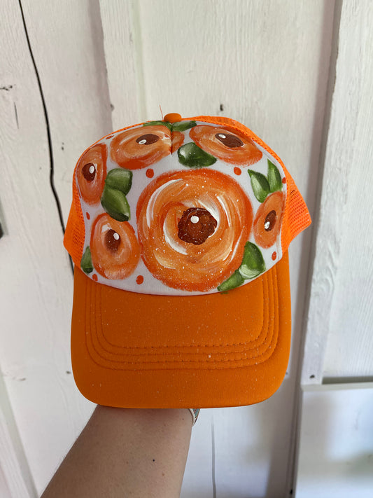 Orange floral hand painted hat