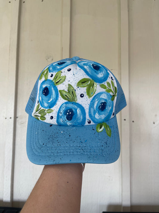 Baby blue hand painted  floral hat